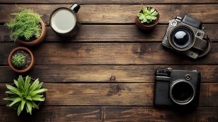 Fototapeta premium Rustic Wooden Tabletop Still Life with Vintage Cameras Succulents and Coffee