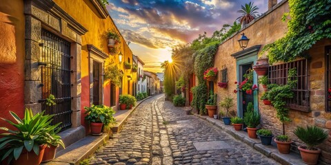 Fototapeta premium Real de 14: Ancient Mexican Street, Cobblestone Road, Colonial Architecture, Historic Town, Daytime Sunlight