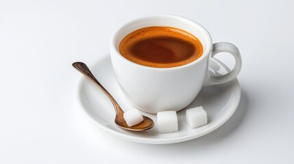Fototapeta premium Aromatic Espresso Coffee in White Cup with Sugar Cubes and Spoon