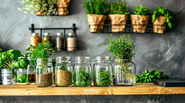 Fresh herbs in glass jars on a kitchen counter.  A rustic, healthy cooking scene.