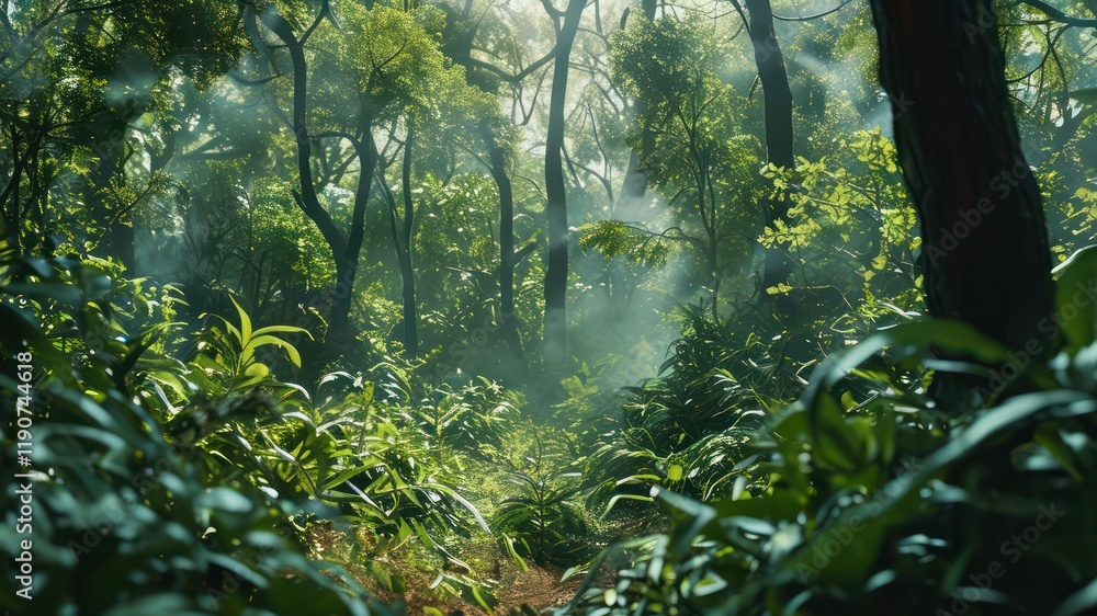 Aufkleber misty forest scene with lush foliage and sunlight filtering through trees, creating a serene atmosph
