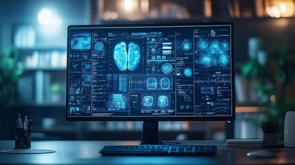 Advanced Brain Scan Data on Modern Computer Screen Neural Network Analysis Medical Technology