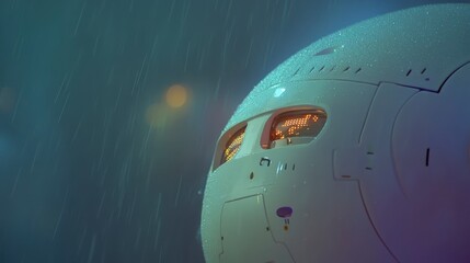 Fototapeta premium Futuristic Spherical Robot in Rain City Lights Background Technological Innovation