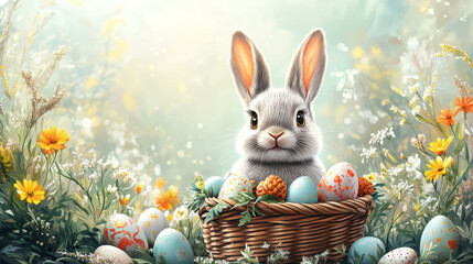 Cute gray bunny with basket of colorful decorated Easter eggs in spring meadow surrounded by wildflowers, bright and cheerful illustration