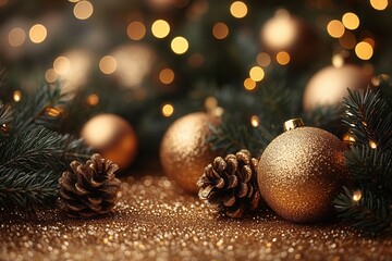 Decorative gold ornaments and pinecones create a festive atmosphere during the holiday season