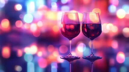 Soft blurred bokeh lights glowing beside elegant wine glasses, creating a romantic and intimate ambiance, style book illustration