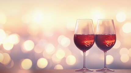 Soft blurred bokeh lights glowing beside elegant wine glasses, creating a romantic and intimate ambiance, style book illustration