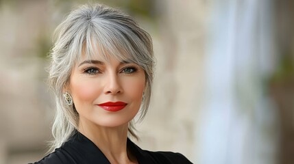 Obraz premium Portrait of a Confident Woman with Gray Hair and Red Lipstick