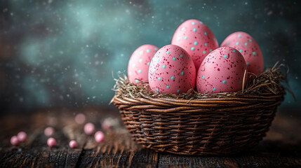 nest filled with Bright colored beautifully decorated  Easter eggs on a blurred background