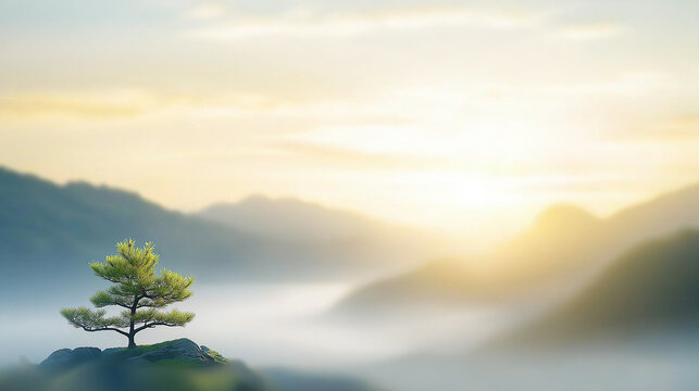 Lonely pine tree growing on rock in misty mountains at sunrise with copy space