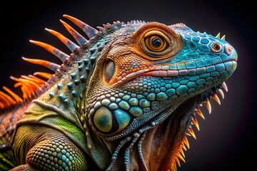 Fototapeta premium Fashion Photography: Stylish Iguana Posing Against Black Background