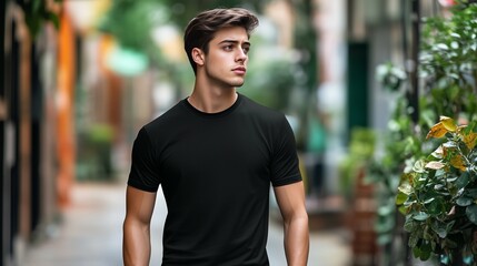 Close-up of a black t-shirt mockup on a male model, front view, with a blurred street background and cityscape
