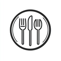 Restaurant cutlery on plate; simple design, white background; menu icon