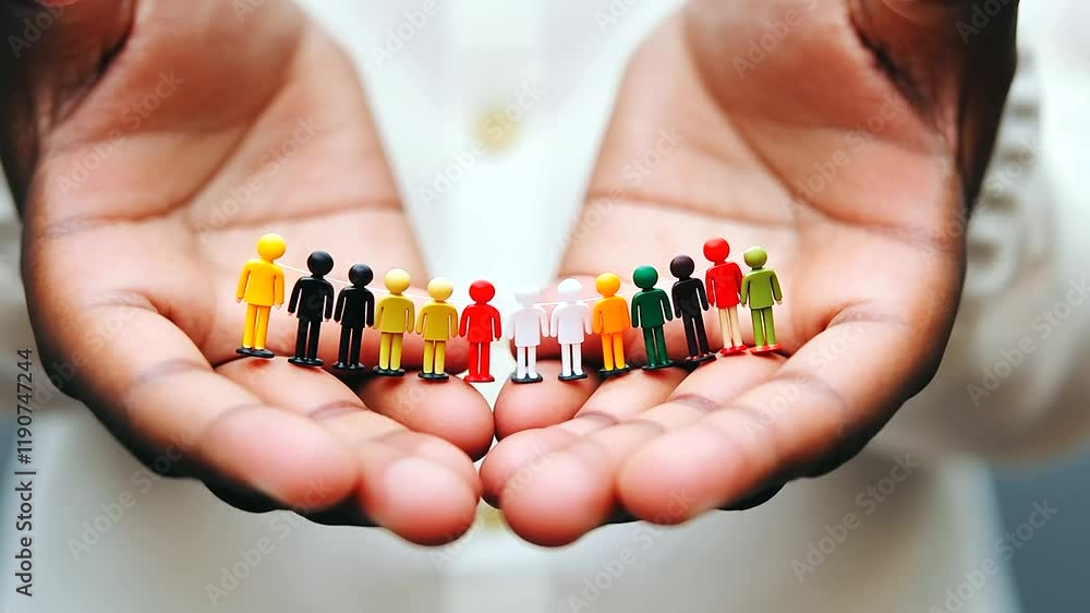Poster caring hands holding paper chain symbolizing unity and diversity