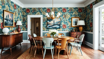 "Eclectic Dining Room with Mismatched Chairs and Bold-Patterned Wallpapers, Showcasing Vibrant and Unique Interior Design – Perfect for Home Decor, Trendy Dining Space Photography"