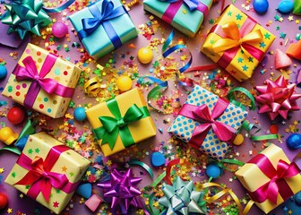 Festive Celebration Party Background: Colorful Confetti, Streamers & Gift Boxes Flat Lay