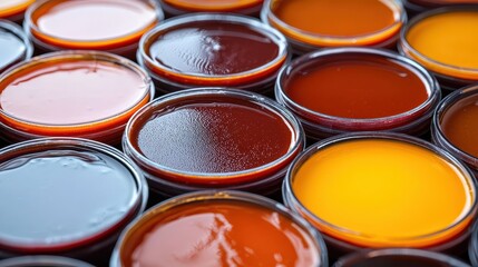 Fototapeta premium Colorful Jars of Thick Rich Sauces and Condiments Top View