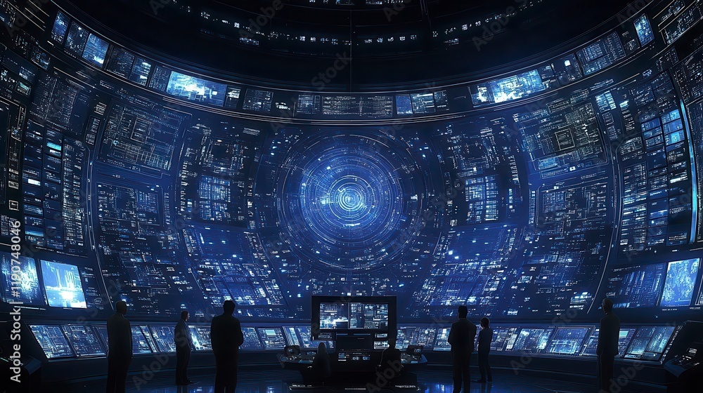 Poster futuristic control room team monitoring global network data streams on massive screens