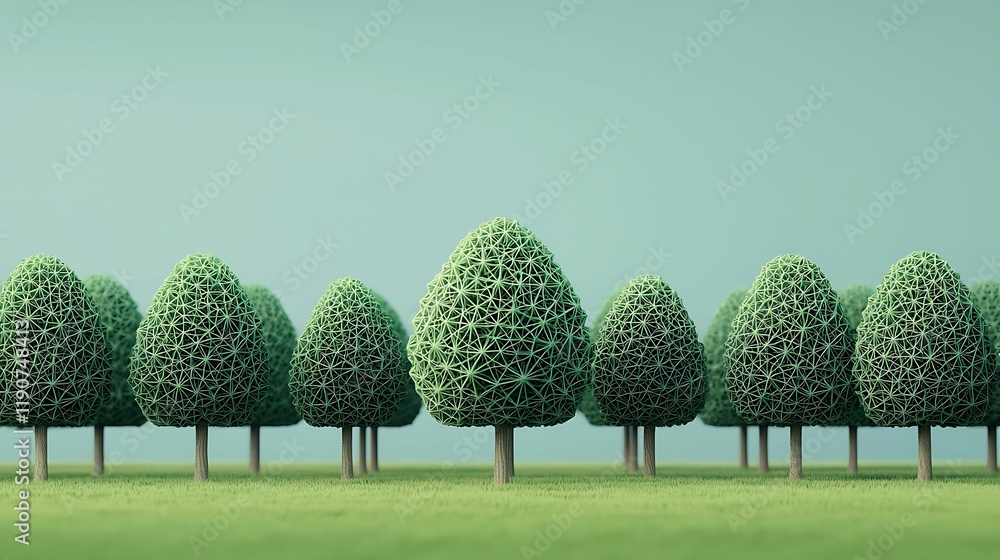 Poster lush green trees lined in a row against a soft blue background, creating a serene and tranquil lands