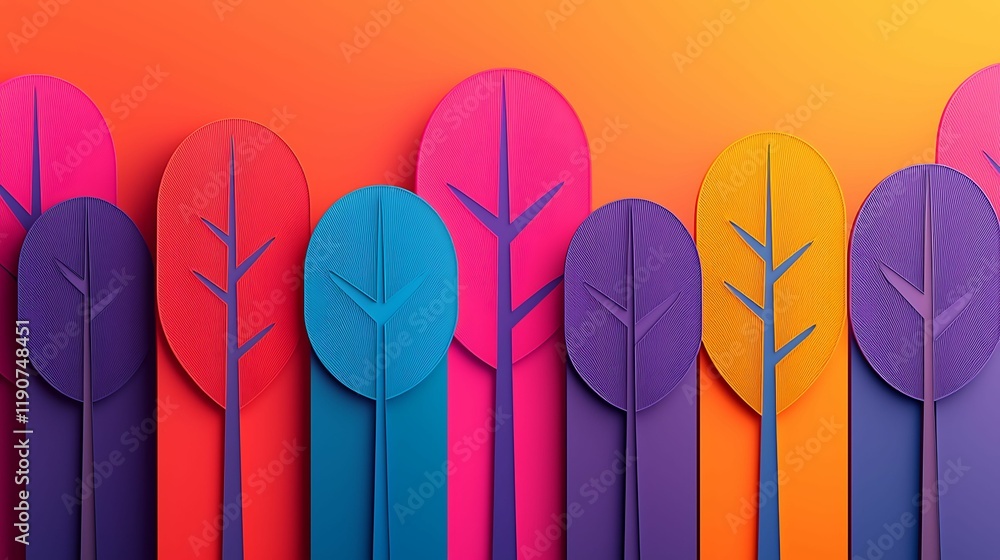 Poster a vibrant arrangement of stylized paper trees in various colors, set against a warm, gradient backgr