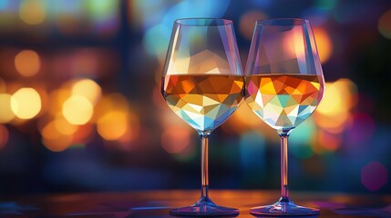 Elegant blurred bokeh lights beside wine glasses creating a romantic atmosphere.