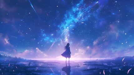 A beautiful anime girl standing alone, gazing up at the universe with a reflective expression