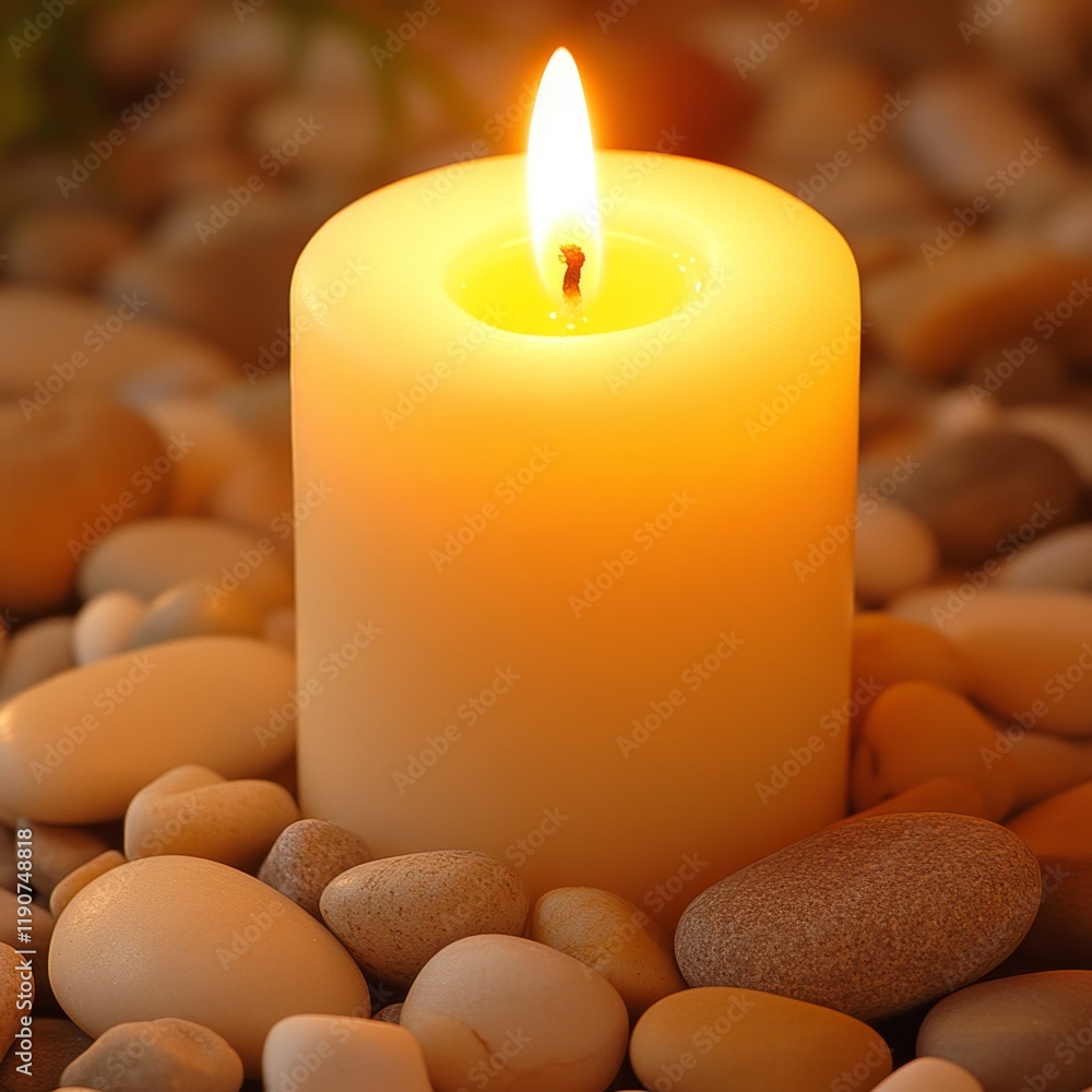 Poster serenity of a flickering candle surrounded by smooth pebbles, symbolizing tranquility and calmness i