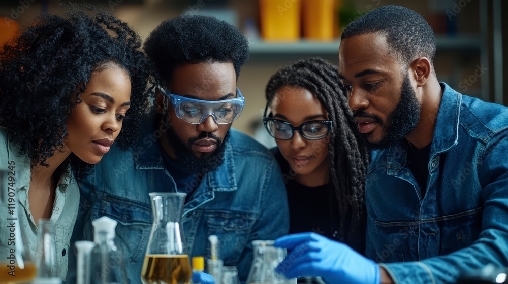 Poster diverse team of scientists collaborating on a chemistry experiment in a lab