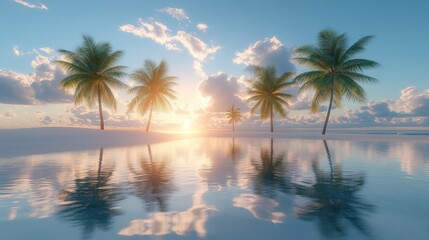 Tranquil sunset over a tropical beach with palm trees reflecting in calm water.