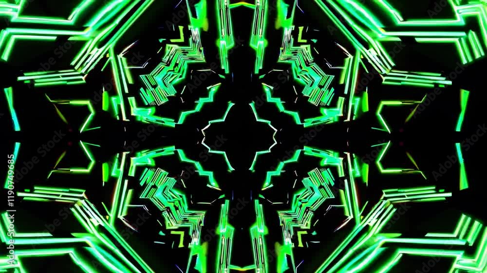 Poster Visual display of vibrant neon patterns creating mesmerizing symmetrical designs in a dark setting