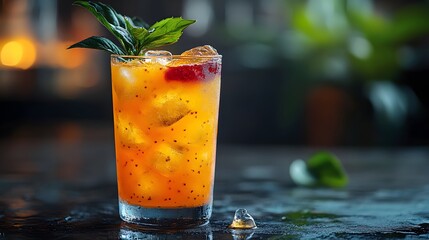 Tropical cocktail in a tall glass with intricate garnish served in a lively bar setting