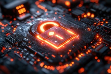 Digital security concepts represented through glowing padlock on a circuit board at night highlighting technology and safety