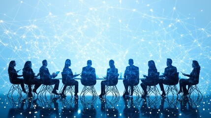 Obraz premium Global Business Team Meeting Silhouettes Connected Network Collaboration