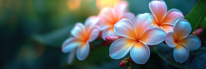 Naklejka premium Stunning Close-Up of Vibrant Plumeria Flowers in Soft Focus with Beautiful Natural Light and Bokeh Background