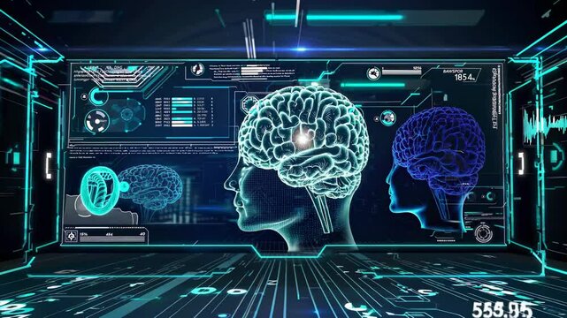 Exploring the future of genetics through digital visualization and DNA representation. Futuristic HUD, FUI, FVX style.