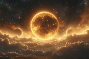 Obraz premium Majestic celestial scene showing a glowing moon surrounded by clouds and distant planets under a starry sky at dusk