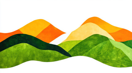 A vivid, abstract interpretation of mountain ranges, with vibrant green hues and orange accents