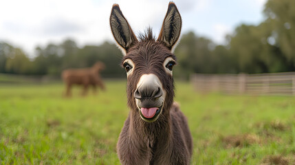 Fototapeta premium A playful photography of a donkey sticking out its tongue, with a blurred green pasture in the background adding a whimsical touch.