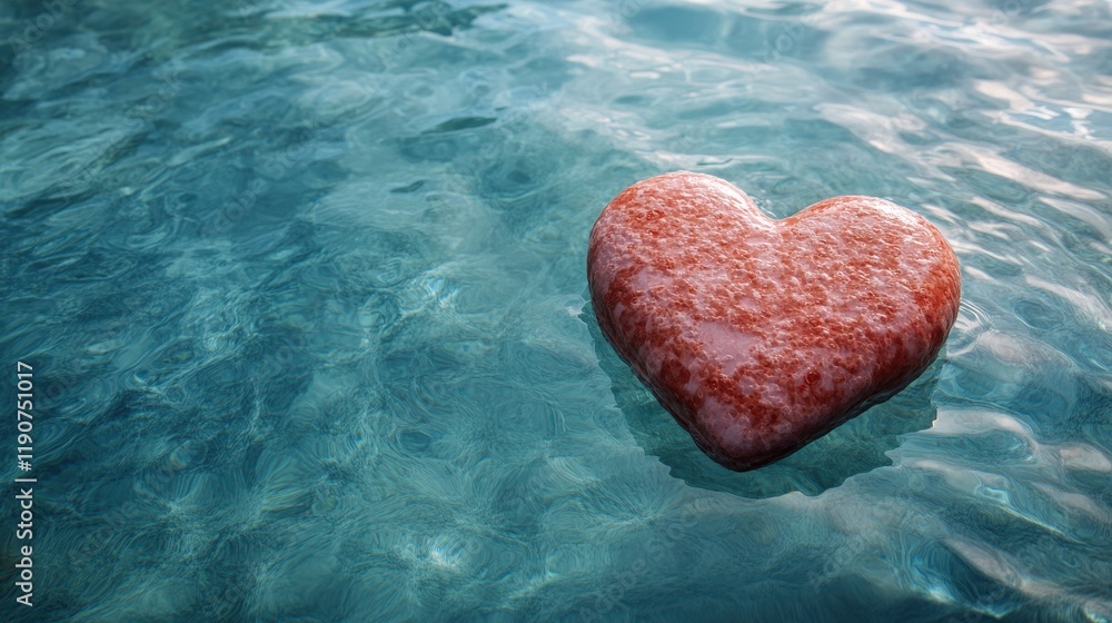 Poster heart shaped object floating on water surface with ripples and reflections in a serene natural envir