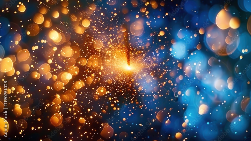 Poster dynamic abstract background with blurry blue and yellow light particles creating a vibrant explosion