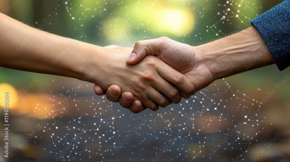 Poster two hands clasped in a firm handshake global network connection concept