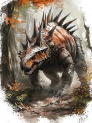 Armored Beast in Autumn Forest - A spiked, dinosaur-like creature prowls through a misty, autumnal forest.