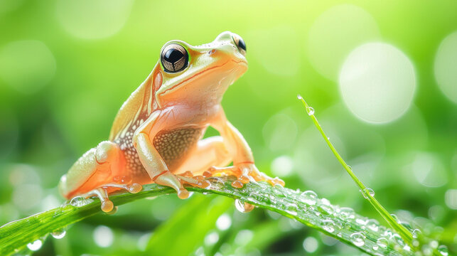 tiny frog perched on dewdrop covered blade of grass, showcasing nature beauty and tranquility