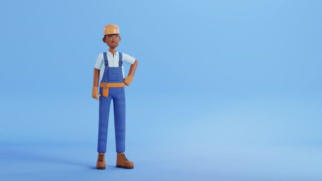 Builder character loop animation. Construction site worker, handyman waving his hand. Professional worker, renovation service animated stock footage, cartoon style, 3d render