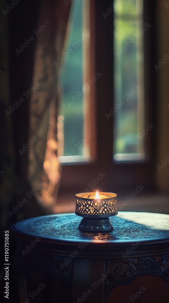 Poster softly glowing candle on a decorative table beside a window, illuminating the room with gentle light