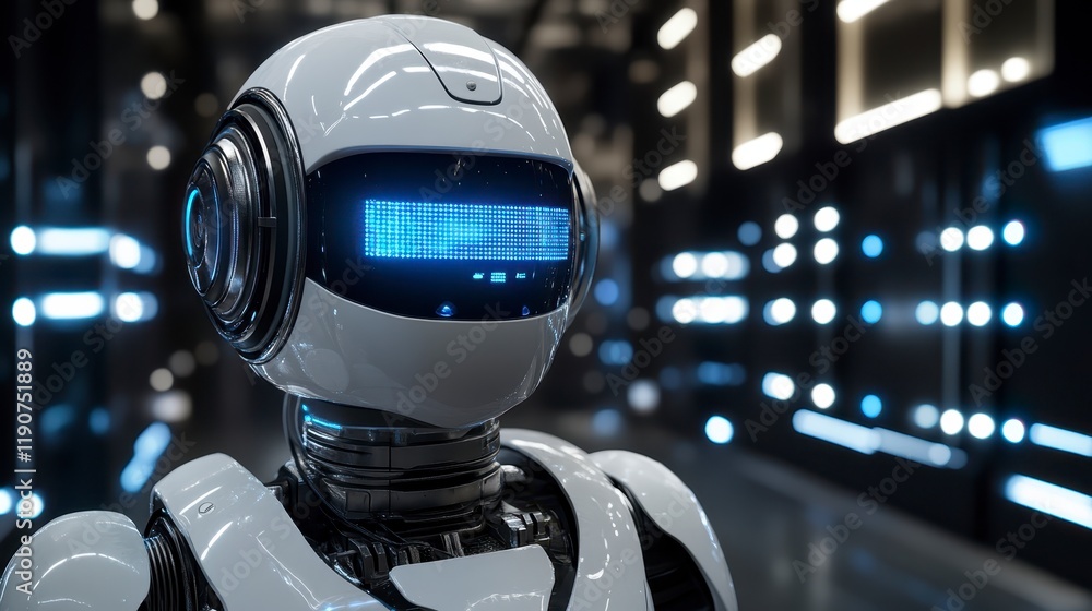 Poster futuristic white robot with blue led display in modern tech environment