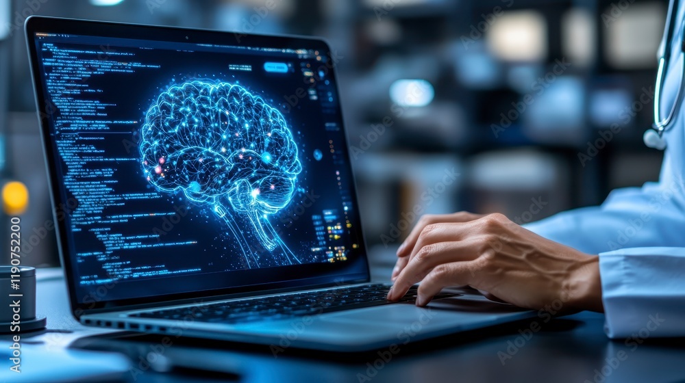 Aufkleber doctor using laptop with digital brain ai neural network interface on screen