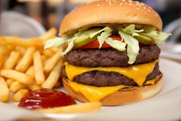 A juicy double cheeseburger with melted cheddar, crisp lettuce, tomato slices, pickles, and a sesame seed bun, served with a side of golden French fries and ketchup