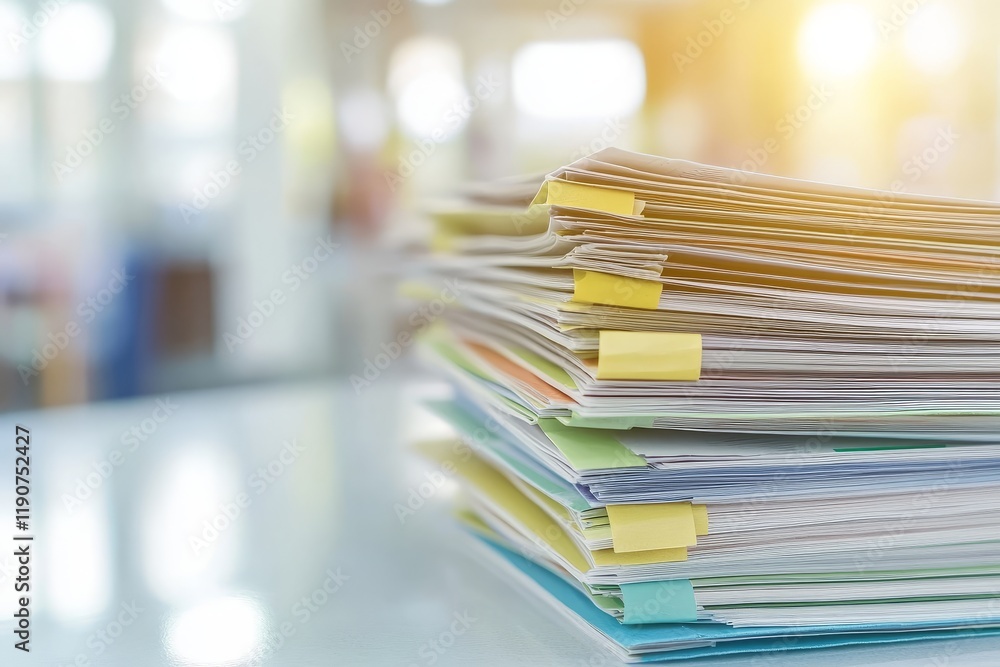 Poster stacked paper files with colorful tabs in a bright office environment showcasing organization and ad