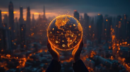 Hand holding a globe with icons and people, set against a cityscape, symbolizing worldwide digital connectivity